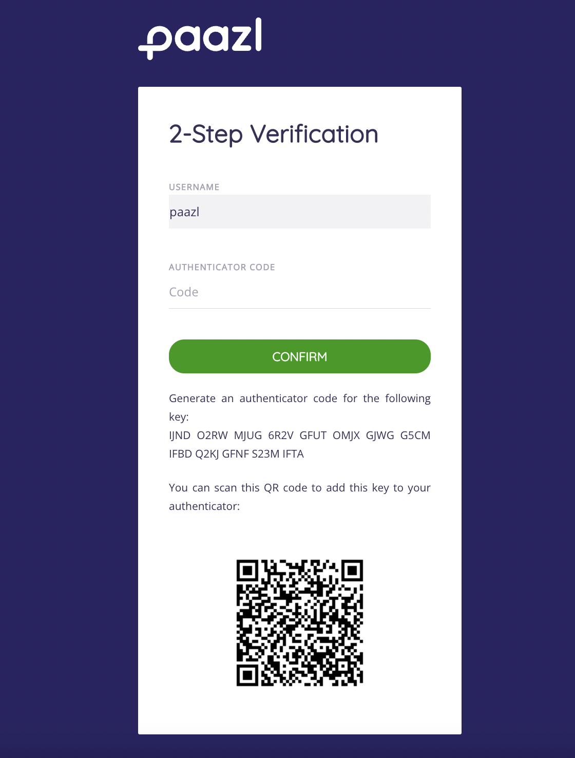 2FA configuration page with QR code