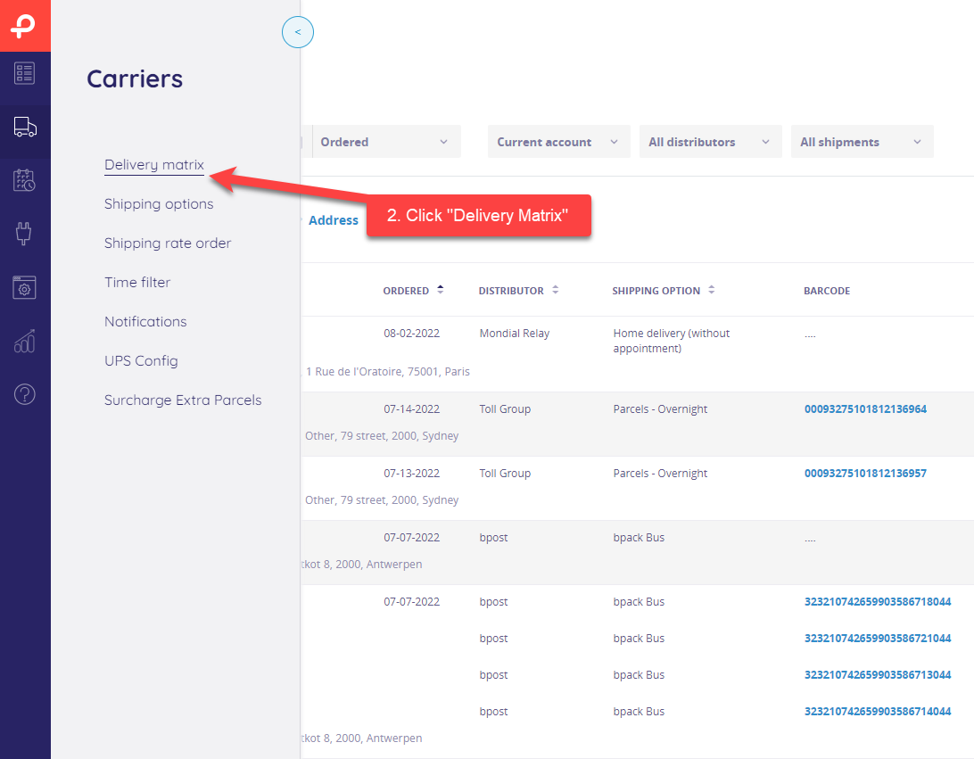 Configuring delivery matrices - step 2
