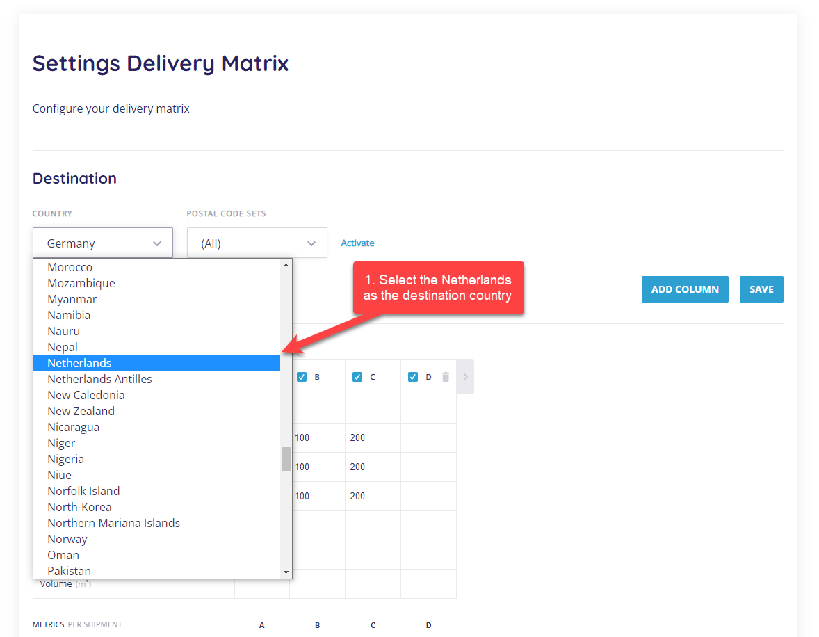 Configuring international delivery matrices - step 1