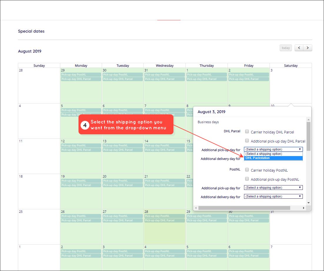Special dates - click shipping option