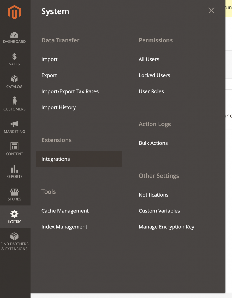 Magento 2 System menu with Integrations option