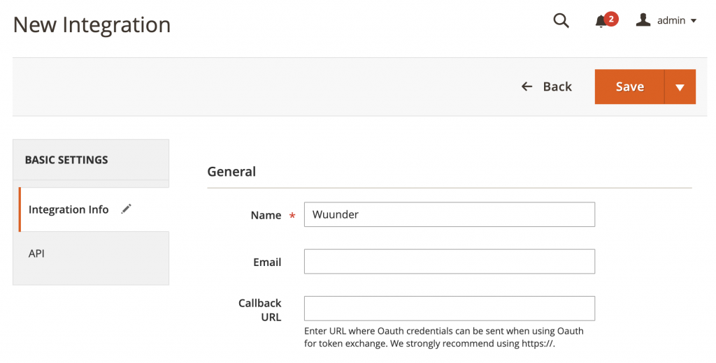 Entering the name Wuunder for a new integration in Magento 2