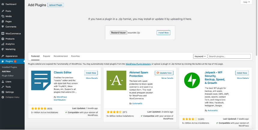 Plugin uploaden in WooCommerce via Add New en Upload Plugin