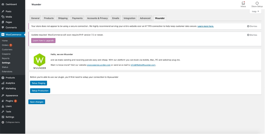 Wuunder Connector tab in WooCommerce-instellingen met keuze voor Production of Staging