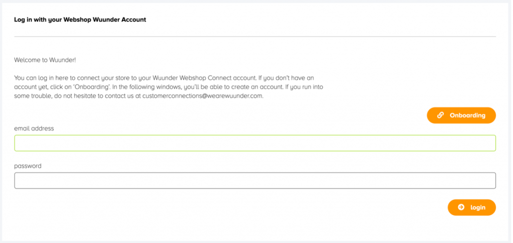Wuunder Webshop Connector inlogpagina