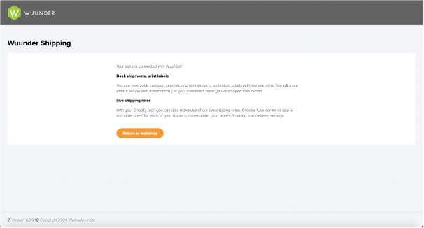Welkomstscherm na succesvolle koppeling van WooCommerce aan Wuunder