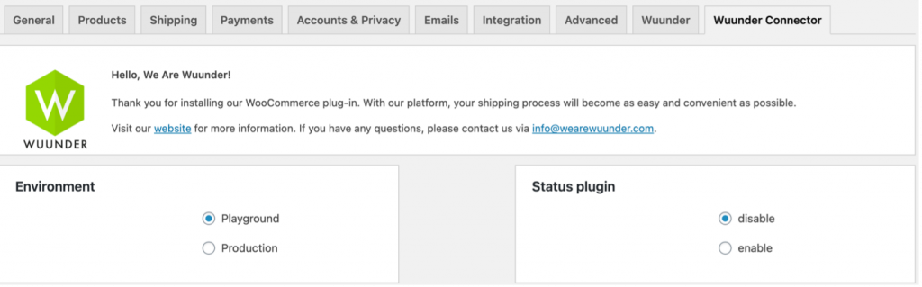 Wuunder Connector plug-in instellingen met Enable/Disable optie