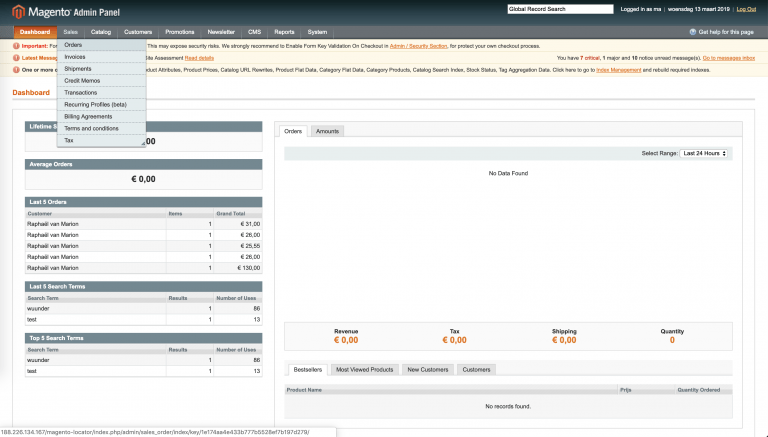 Magento 1 dashboard: navigatie naar Sales en Orders
