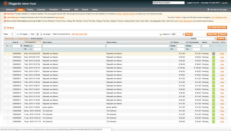 Magento 1 orderoverzicht met Wuunder boeken-icoon