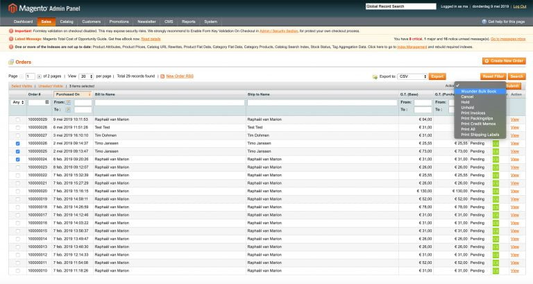 Magento 1 Bulk Book actie in het orderoverzicht