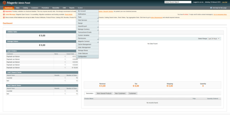 Magento 1 dashboard: navigatie naar System en Configuration