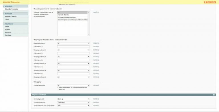 Magento 1 Wuunder Connector instellingen: verzendmethoden en filter mapping