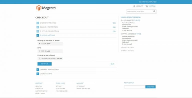 Magento 1 checkout stap 4 met geconfigureerde shipping methods