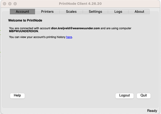 PrintNode app na inloggen