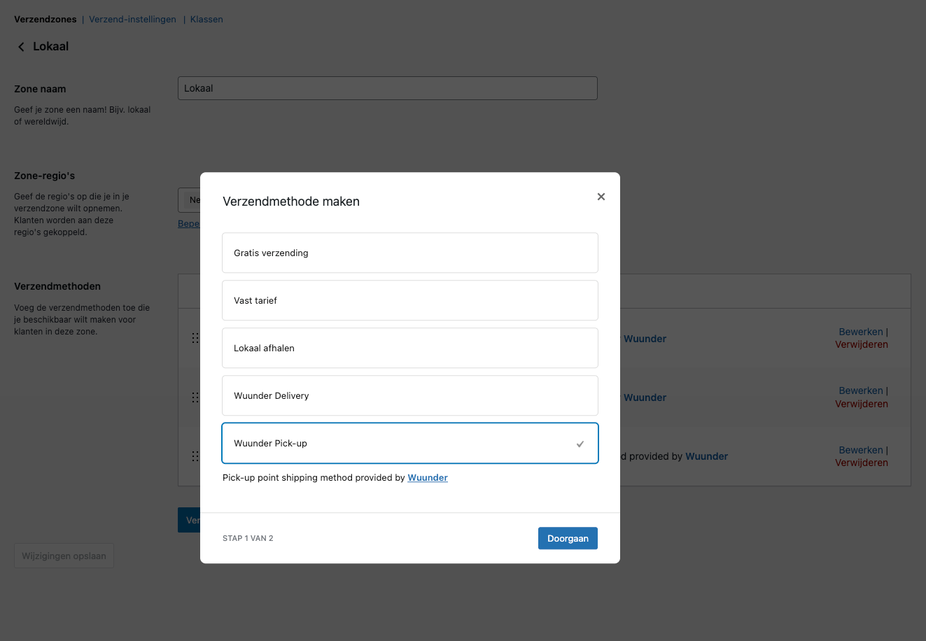Create shipping method popup with Wuunder Pick-up selected