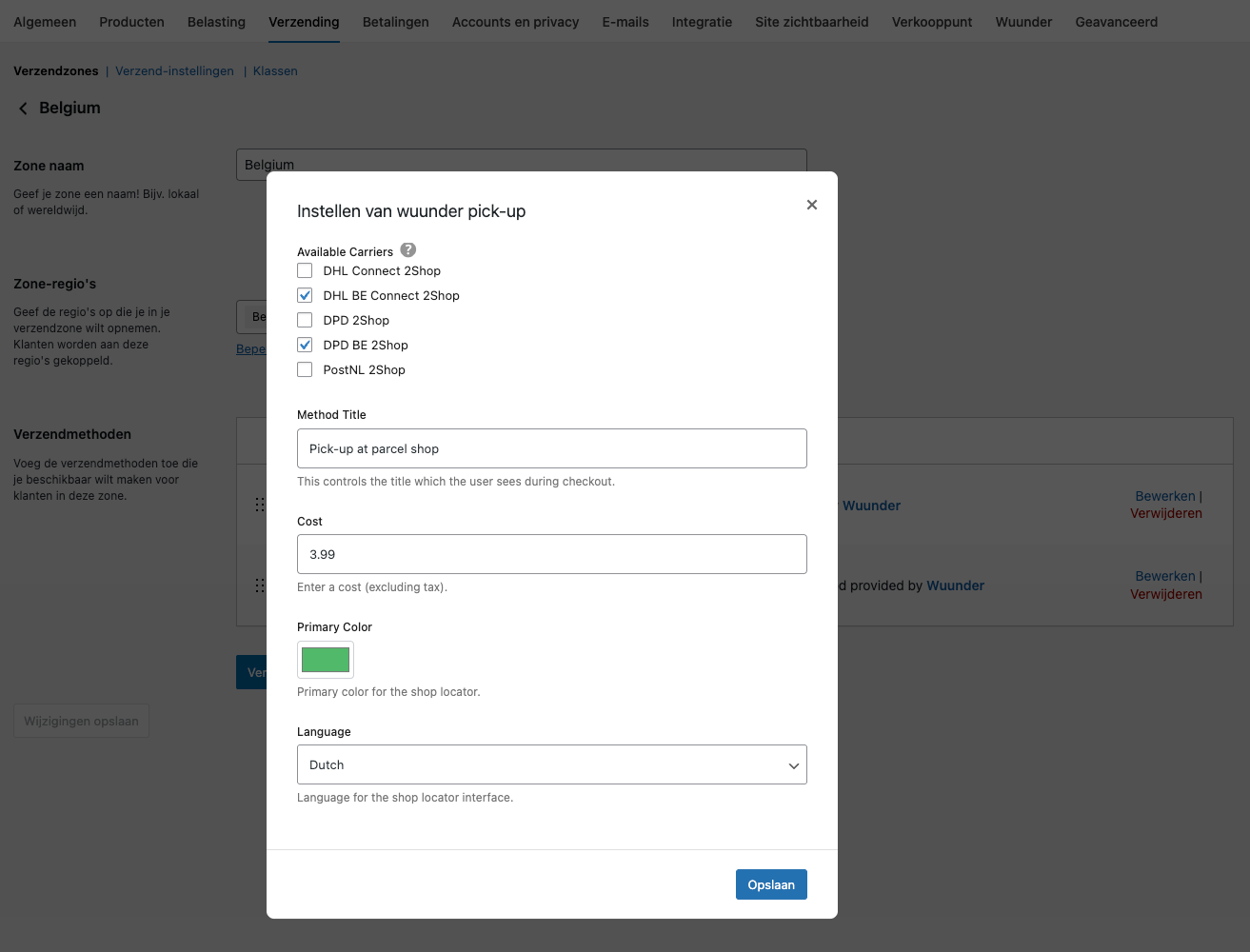 Wuunder Pick-up configuration with carrier checkboxes and colour settings