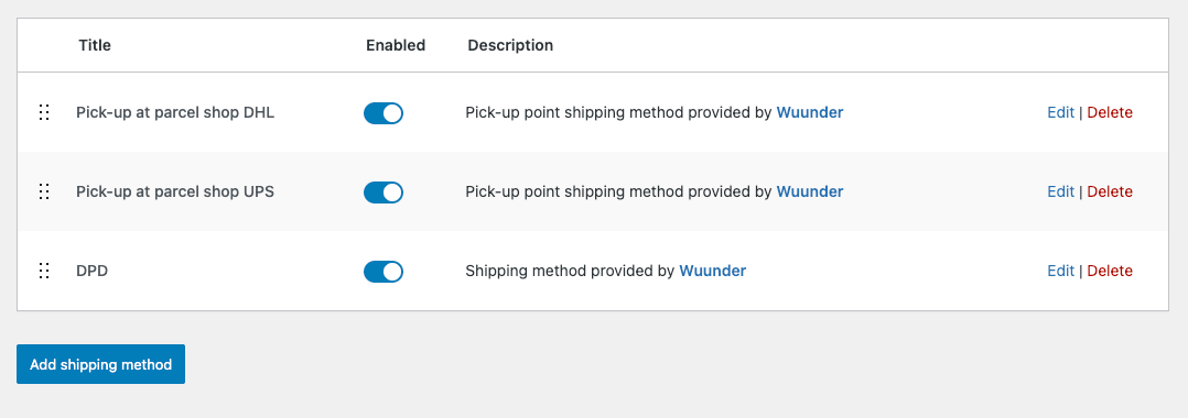 Checkout showing separate carrier options for Wuunder Pickup
