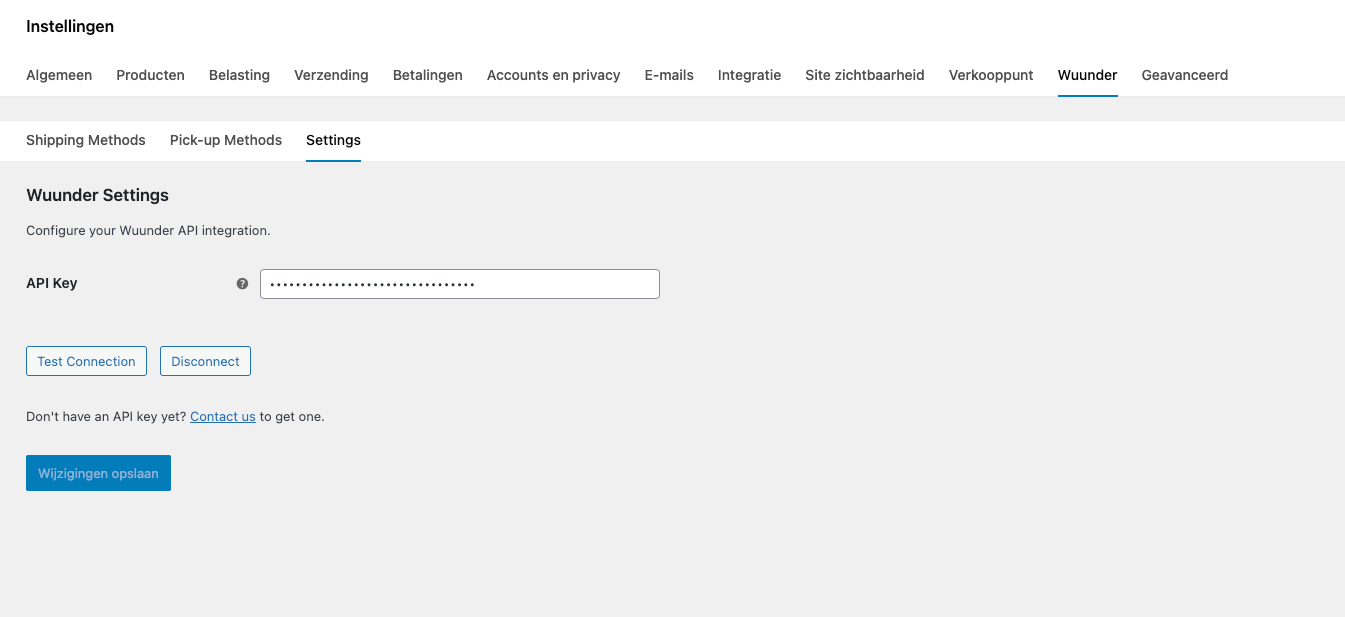 Settings tab with MyWuunder API Key field