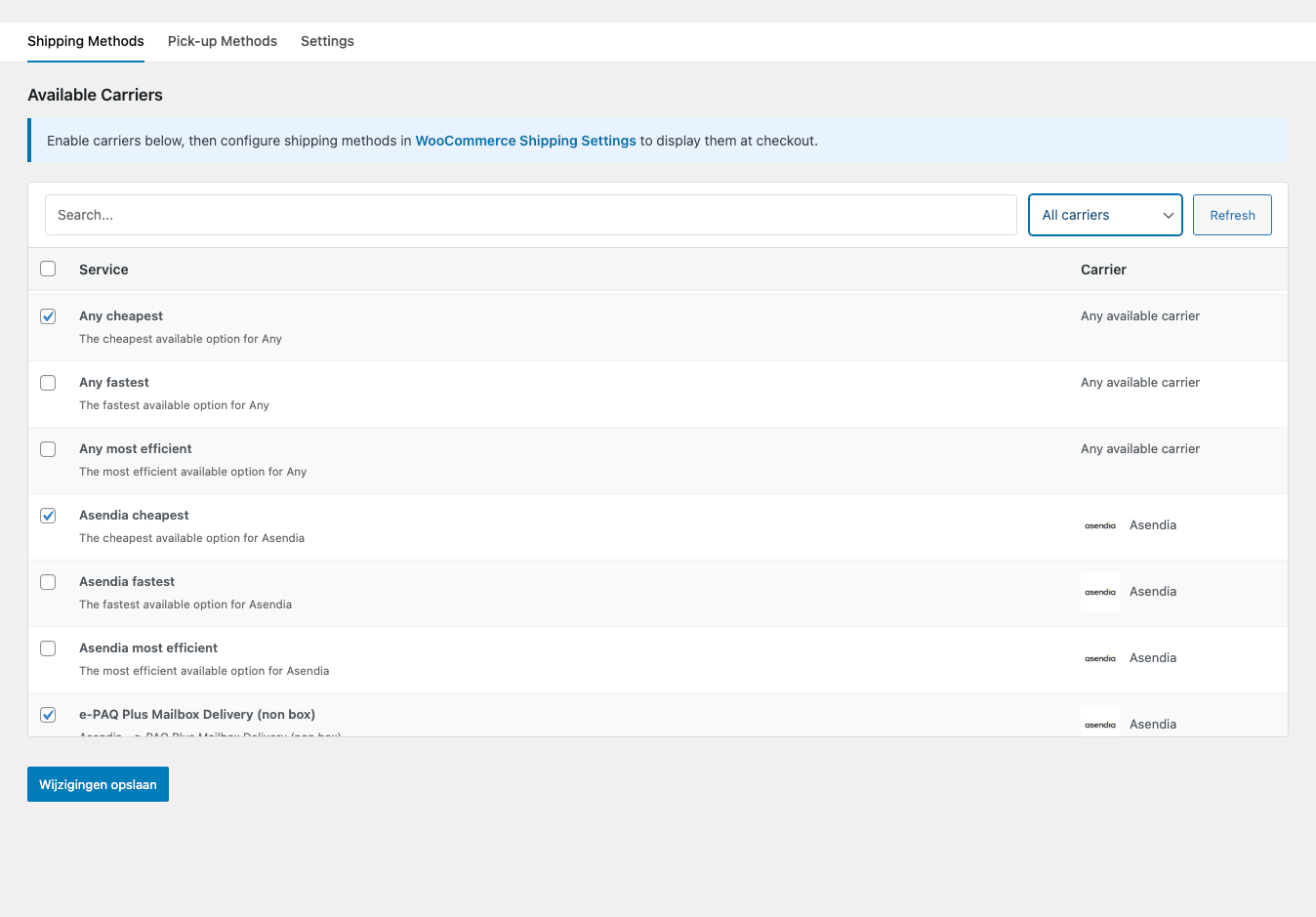 Shipping Methods tab with carrier service checkboxes