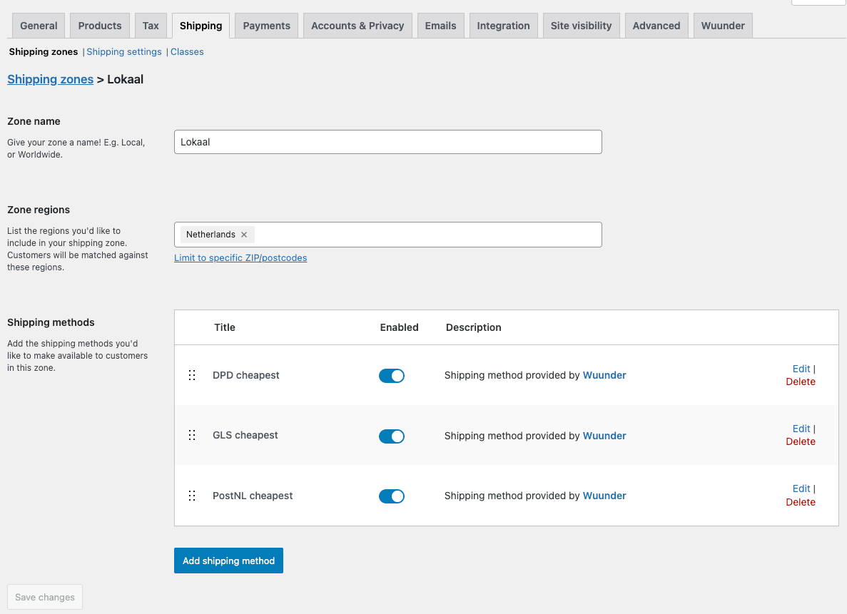 WooCommerce shipping zone with Add shipping method button