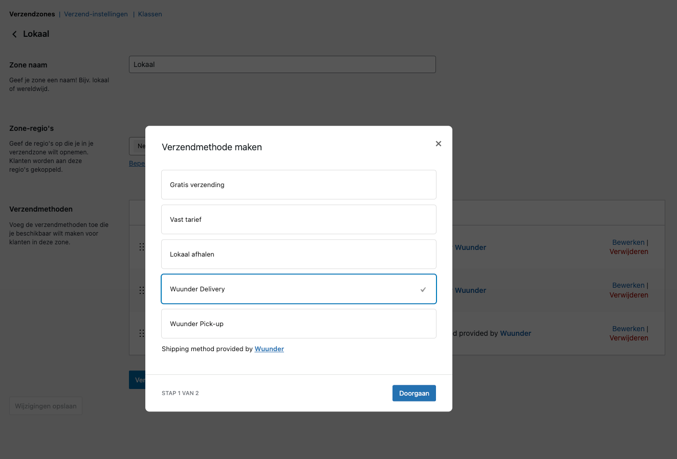 Create shipping method popup with Wuunder Delivery selected