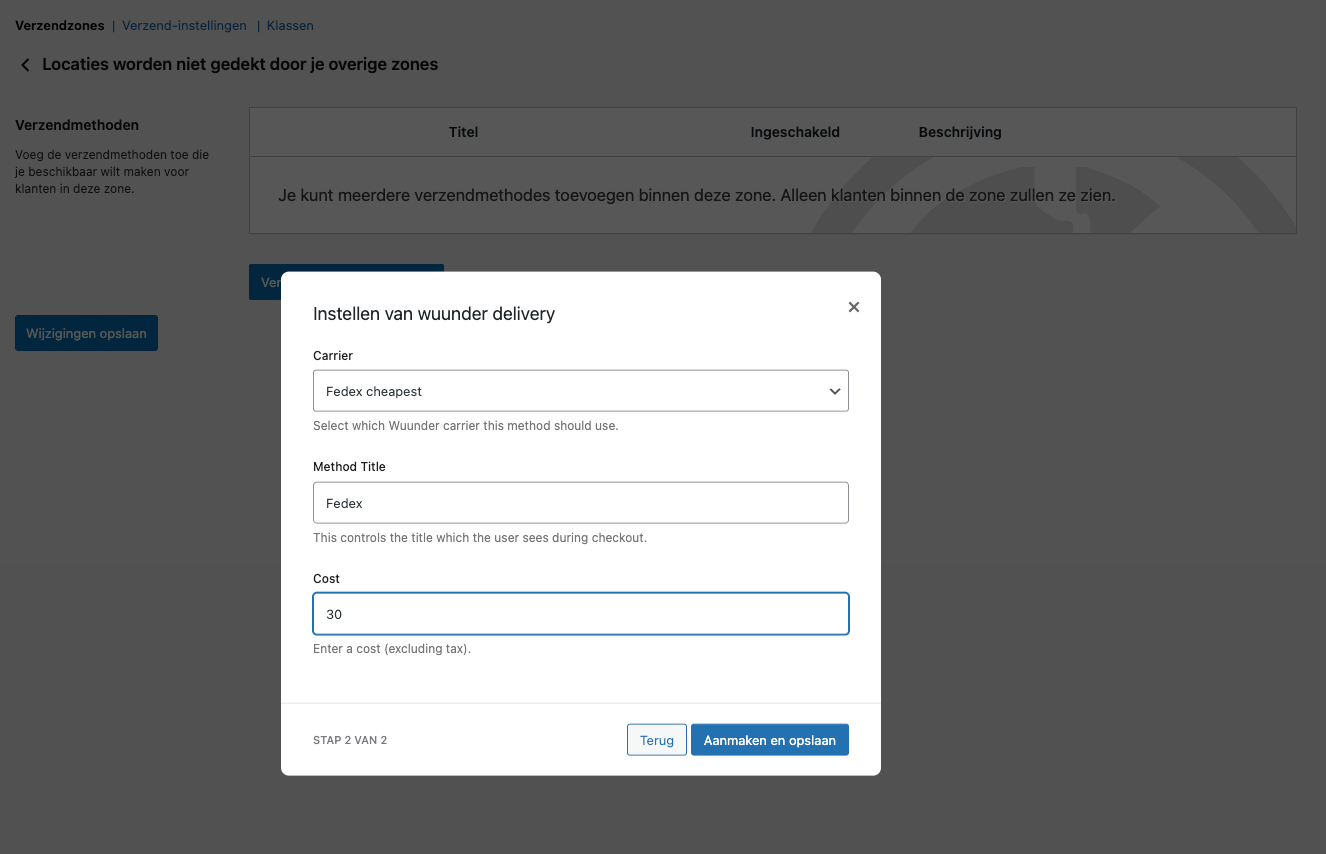 Shipping method configuration with Carrier dropdown and title field