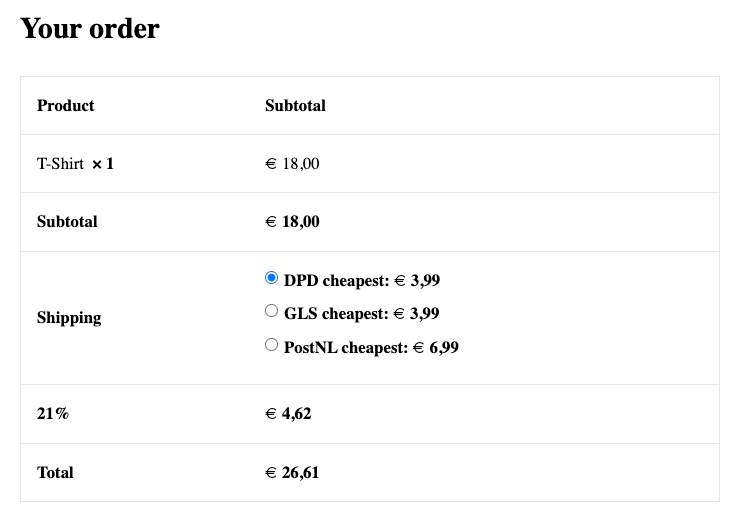 Checkout page showing Wuunder Delivery as a shipping option