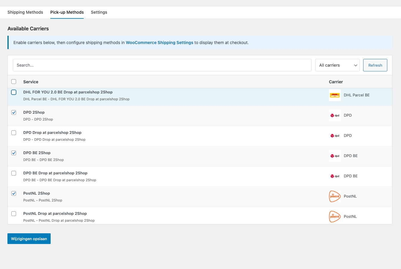 Pick-up Methods tab with carrier service checkboxes